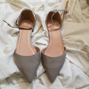 Gray pointed toe vegan leather flats ankle strap